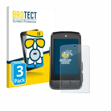 Front side of a product packaging with the brand logo BROTECT. Next to it is the device Wahoo Elemnt Bolt 3 shown with the cor