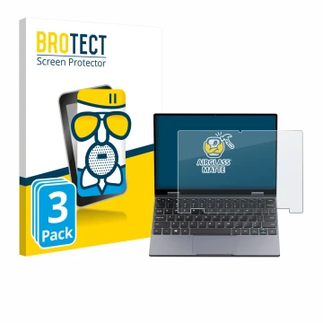 Front side of a product packaging with the brand logo BROTECT. Next to it is the device Chuwi MiniBook X N150 shown with the c