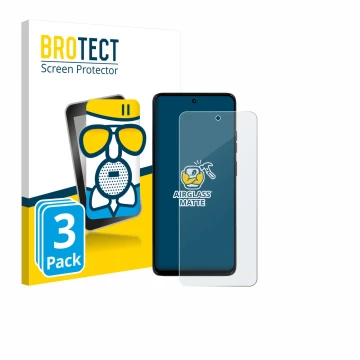 Front side of a product packaging with the brand logo BROTECT. Next to it is the device Motorola Moto G56 shown with the corre