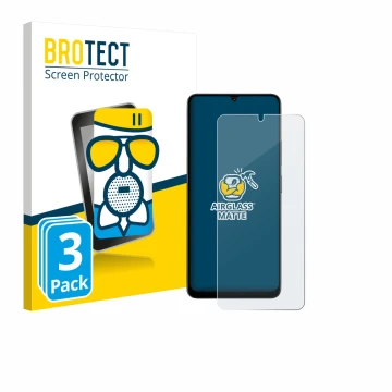 Front side of a product packaging with the brand logo BROTECT. Next to it is the device Doogee Note 59 Pro shown with the corr