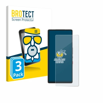 Front side of a product packaging with the brand logo BROTECT. Next to it is the device ZTE Nubia Red Magic 10 Air shown with 