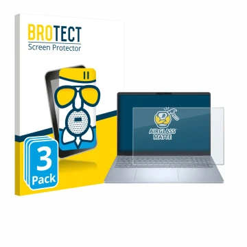 Front side of a product packaging with the brand logo BROTECT. Next to it is the device Dell 16 Plus Laptop shown with the cor