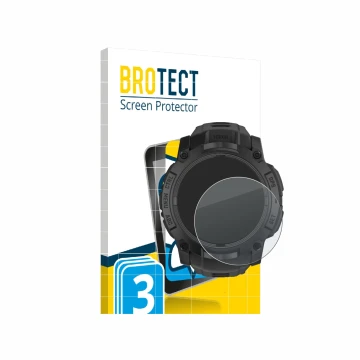Front side of a product packaging with the brand logo BROTECT. Next to it is the device Garmin Instinct 3 Tactical AMOLED Edit