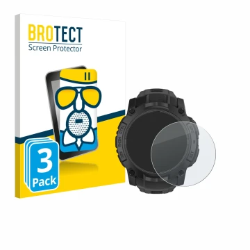 Front side of a product packaging with the brand logo BROTECT. Next to it is the device Garmin Instinct 3 Solar Tactical Editi