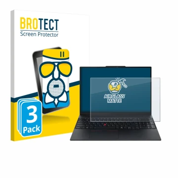 Front side of a product packaging with the brand logo BROTECT. Next to it is the device Lenovo ThinkPad E16 Gen 3 shown with t