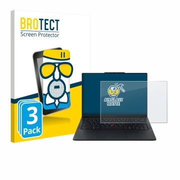 Front side of a product packaging with the brand logo BROTECT. Next to it is the device Lenovo ThinkPad E14 Gen 7 shown with t