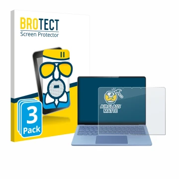 Front side of a product packaging with the brand logo BROTECT. Next to it is the device Microsoft Surface Laptop 13.8