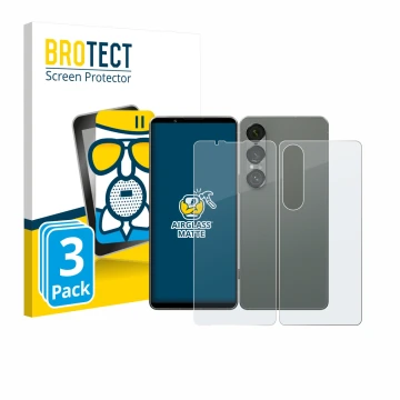 Front side of a product packaging with the brand logo BROTECT. Next to it is the device Sony Xperia 1 VII (Front+Back) shown w