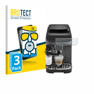 Front side of a product packaging with the brand logo BROTECT. Next to it is the device DeLonghi Magnifica Evo shown with the 