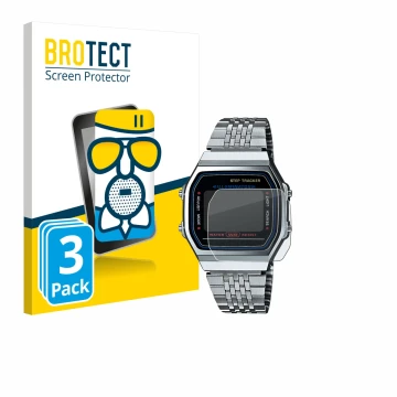 Front side of a product packaging with the brand logo BROTECT. Next to it is the device Casio iconic ABL-100WE-1A shown with t