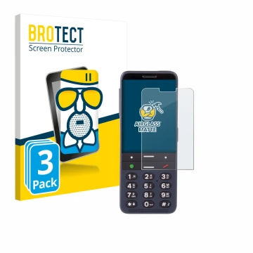 Front side of a product packaging with the brand logo BROTECT. Next to it is the device BlindShell Classic 3 shown with the co