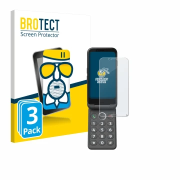 Front side of a product packaging with the brand logo BROTECT. Next to it is the device Doro Aurora A20 shown with the corresp