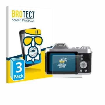 Front side of a product packaging with the brand logo BROTECT. Next to it is the device Rollei Powerflex 10x Retro shown with 