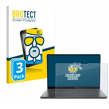 Front side of a product packaging with the brand logo BROTECT. Next to it is the device ASUS ROG Zephyrus G16 2025 shown with 