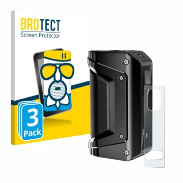 Front side of a product packaging with the brand logo BROTECT. Next to it is the device GeekVape Aegis Legend 3 shown with the