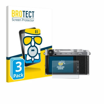 Front side of a product packaging with the brand logo BROTECT. Next to it is the device Fujifilm X-E5 shown with the correspon
