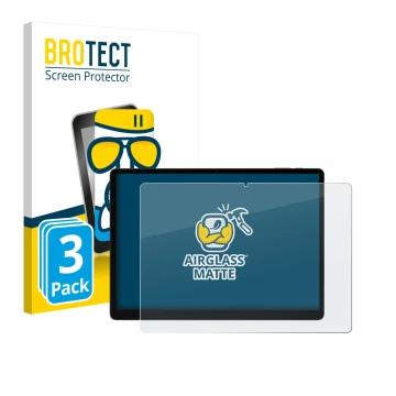 Front side of a product packaging with the brand logo BROTECT. Next to it is the device Doogee Tab E3 Max 14 shown with the co