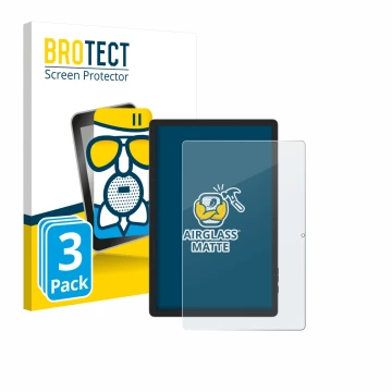Front side of a product packaging with the brand logo BROTECT. Next to it is the device Doogee Tab E3 Pro 13 shown with the co