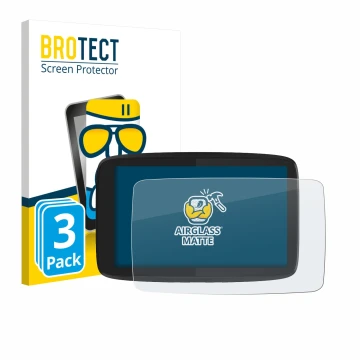 Front side of a product packaging with the brand logo BROTECT. Next to it is the device TomTom GO Camper Tour shown with the c