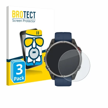 Front side of a product packaging with the brand logo BROTECT. Next to it is the device Garmin quatix 8 (47 mm) shown with the
