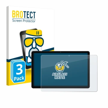 Front side of a product packaging with the brand logo BROTECT. Next to it is the device Doogee Tab A9 Pro+ shown with the corr