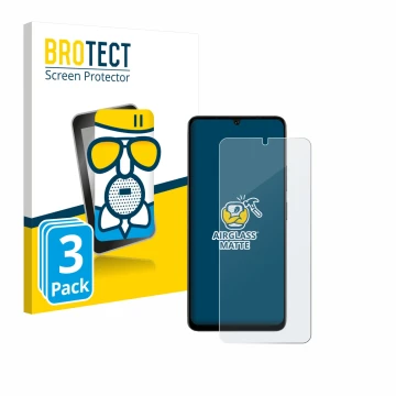 Front side of a product packaging with the brand logo BROTECT. Next to it is the device Doogee Note 59 Pro Plus shown with the
