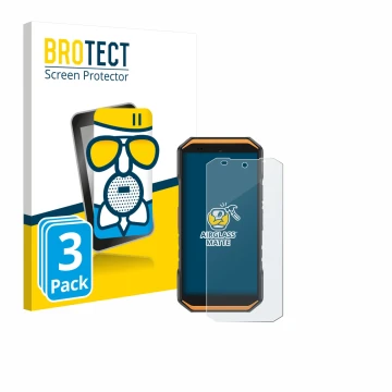 Front side of a product packaging with the brand logo BROTECT. Next to it is the device Ulefone Armor X32 Pro shown with the c