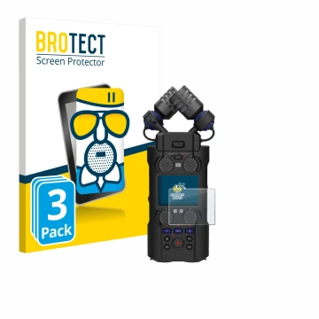 Front side of a product packaging with the brand logo BROTECT. Next to it is the device Zoom H5 Studio shown with the correspo