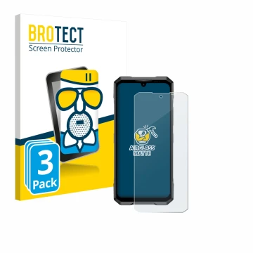 Front side of a product packaging with the brand logo BROTECT. Next to it is the device Doogee Blade GT Play shown with the co