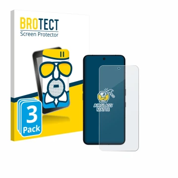 Front side of a product packaging with the brand logo BROTECT. Next to it is the device Nothing Phone (3) shown with the corre