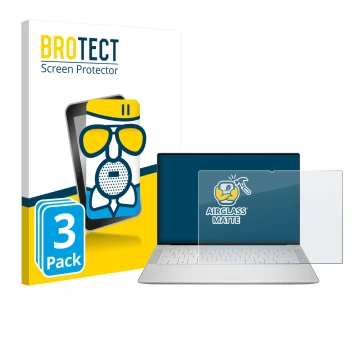 Front side of a product packaging with the brand logo BROTECT. Next to it is the device Dell 14 Premium Laptop shown with the 