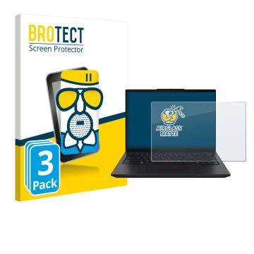 Front side of a product packaging with the brand logo BROTECT. Next to it is the device Lenovo ThinkPad L14 Gen 6 shown with t