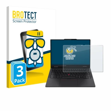 Front side of a product packaging with the brand logo BROTECT. Next to it is the device Lenovo ThinkPad T14s 2-in-1 shown with