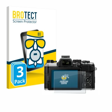 Front side of a product packaging with the brand logo BROTECT. Next to it is the device Olympus OM System OM-5 Mark II shown w