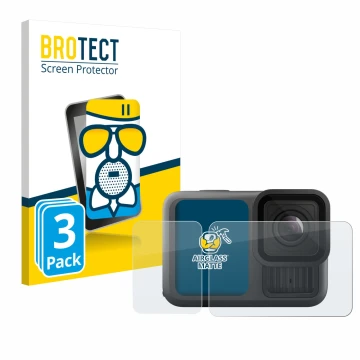 Front side of a product packaging with the brand logo BROTECT. Next to it is the device GoPro Hero 13 Black Creator Edition sh
