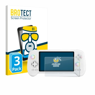 Front side of a product packaging with the brand logo BROTECT. Next to it is the device Anbernic RG557 shown with the correspo
