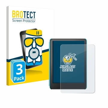 Front side of a product packaging with the brand logo BROTECT. Next to it is the device Amazon Kindle Colorsoft Kids shown wit