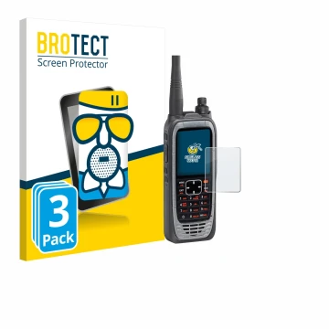 Front side of a product packaging with the brand logo BROTECT. Next to it is the device Icom IC-A25NE /IC-A25CE shown with the