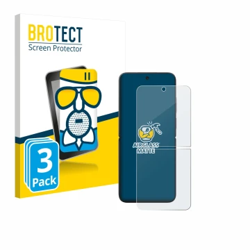 Front side of a product packaging with the brand logo BROTECT. Next to it is the device Xiaomi MIX Flip shown with the corresp