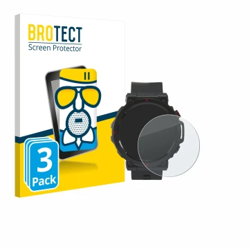 Front side of a product packaging with the brand logo BROTECT. Next to it is the device Crivit Sport-Smartwatch shown with the