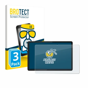 Front side of a product packaging with the brand logo BROTECT. Next to it is the device Lenovo Tab K11e shown with the corresp