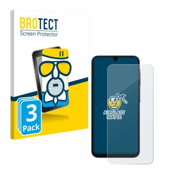 Front side of a product packaging with the brand logo BROTECT. Next to it is the device Samsung Galaxy A17 5G shown with the c