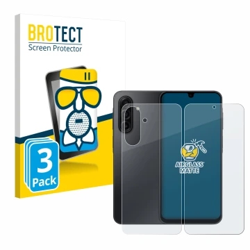 Front side of a product packaging with the brand logo BROTECT. Next to it is the device Samsung Galaxy A17 5G (Front+Back) sho