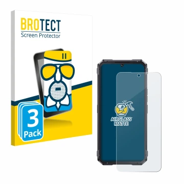 Front side of a product packaging with the brand logo BROTECT. Next to it is the device Cubot King Kong 11 shown with the corr