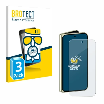 Front side of a product packaging with the brand logo BROTECT. Next to it is the device Google Pixel 10 Pro Fold shown with th