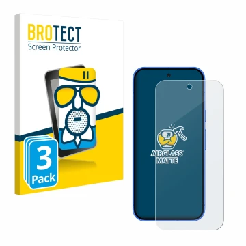 Front side of a product packaging with the brand logo BROTECT. Next to it is the device Google Pixel 10 shown with the corresp