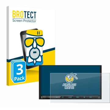 Front side of a product packaging with the brand logo BROTECT. Next to it is the device Kenwood DMX8021DABS shown with the cor