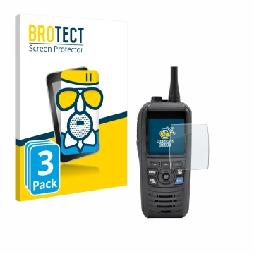 Front side of a product packaging with the brand logo BROTECT. Next to it is the device Icom IC-M94D shown with the correspond