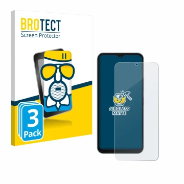 Front side of a product packaging with the brand logo BROTECT. Next to it is the device Telekom T Phone 3 shown with the corre