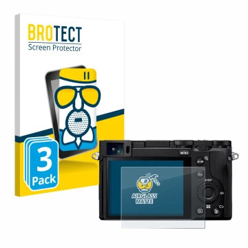 Front side of a product packaging with the brand logo BROTECT. Next to it is the device Sony RX1R III shown with the correspon